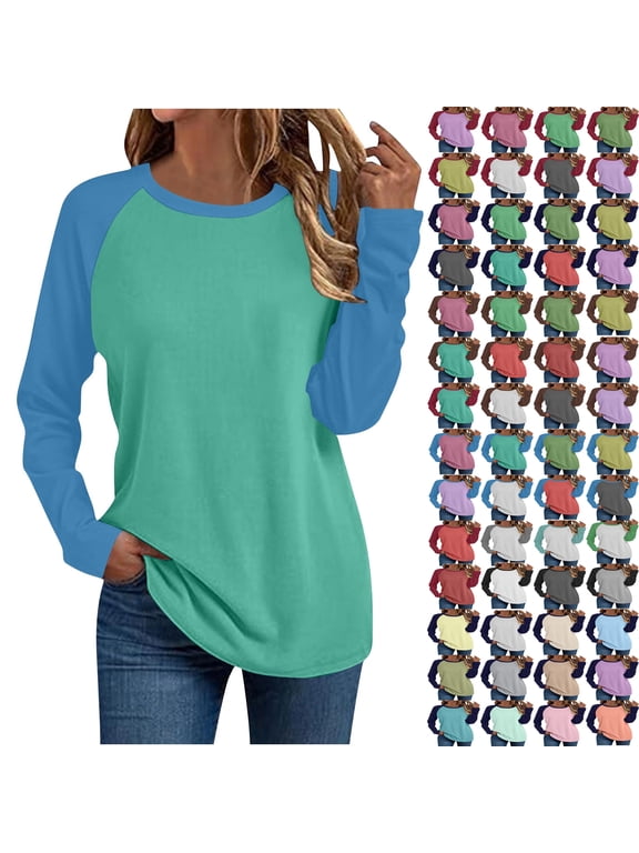 Womens T-Shirts Long Sleeve Color Block Raglan T-Shirts, Casual Crew Neck Baseball Tee Tops with Contrast Sleeves