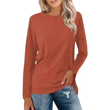 Womens T Shirts Long Sleeve Crew Neck Solid Color Shirts Basic Tee Tops Blouse
