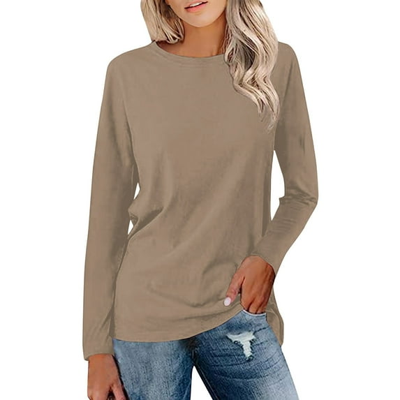 Womens T Shirts Long Sleeve Crew Neck Solid Color Shirts Basic Tee Tops Blouse