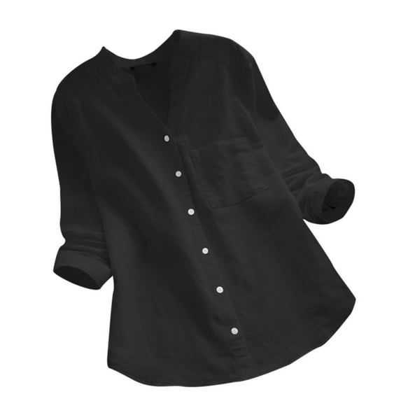 Womens T Shirts Long Sleeve Ladies Tops Fall Cotton Linen Solid Button Down Blouses Casual Black XL