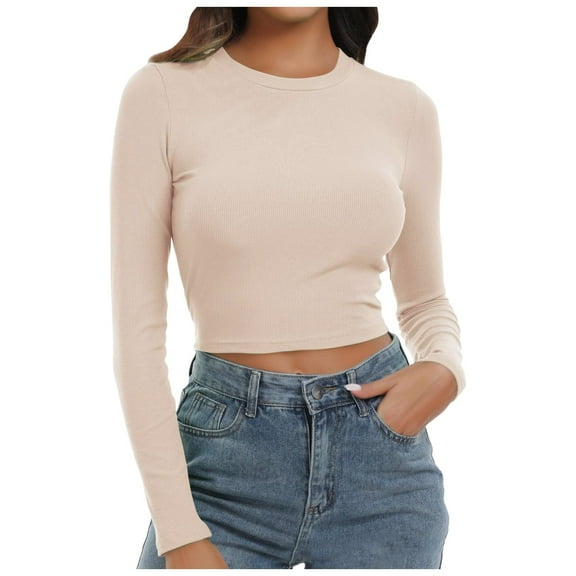 Womens T Shirts Long Sleeve Ladies Tops Fall Crewneck Knit Ribbed Fitted Crop Basic Blouses Business Casual Beige XL