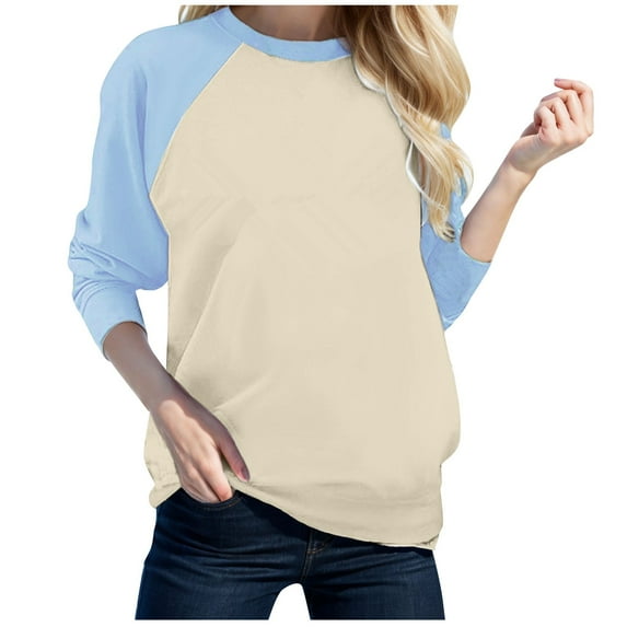 Womens T Shirts Long Sleeve Ladies Tops Fall Crewneck With Shoulder Matching Color Blouses Business Casual Blue 2XL