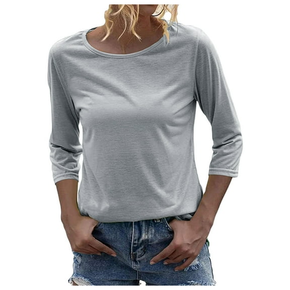 Womens T Shirts Long Sleeve Ladies Tops Fall Fashion Crewneck 3/4 Sleeve Solid Basic Blouses Business Casual Grey XL