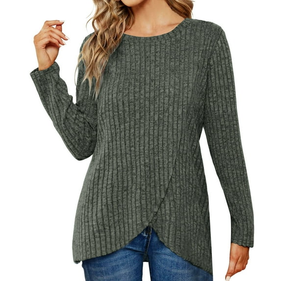 Womens T Shirts Long Sleeve Ladies Tops Fall Hem Comfort Knit Blouses Casual Green M