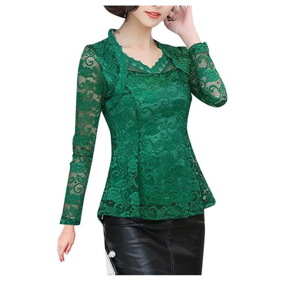 Womens T Shirts Long Sleeve Ladies Tops Fall Lace Crocheted Elegant Lace Blouses Dressy Casual Green 2XL