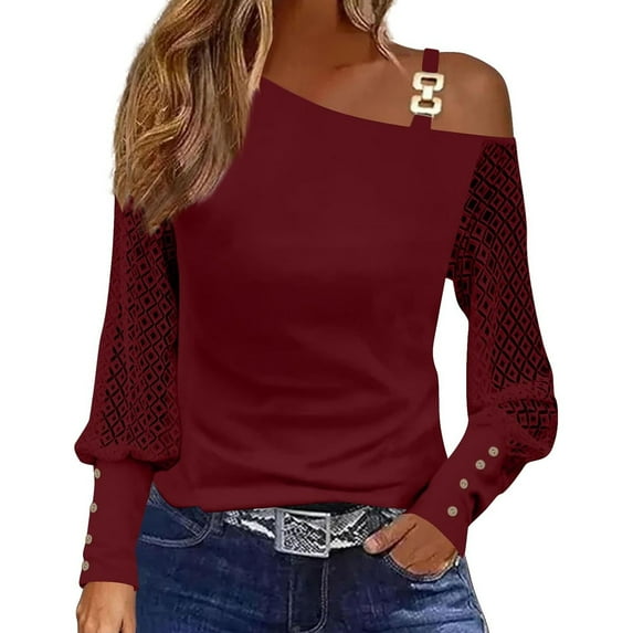 Womens T Shirts Long Sleeve Ladies Tops Fall Lace Hollow Out Sexy Off Shoulder Comfy Solid Color Work Blouses Dressy Casual Red XL
