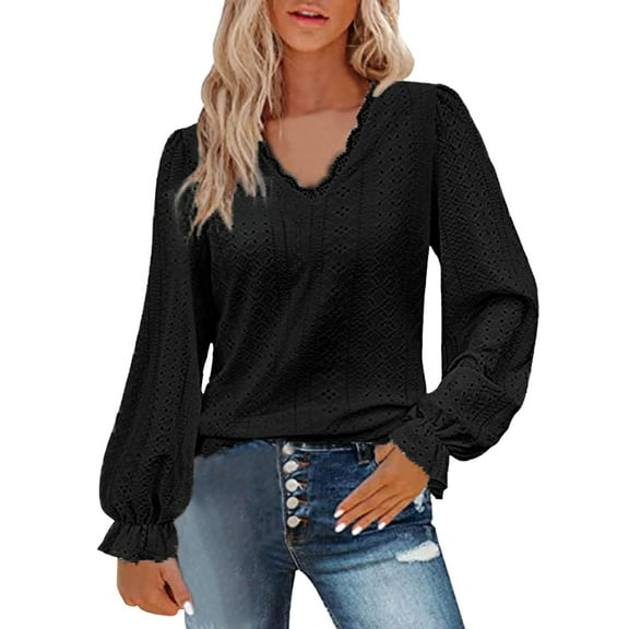 Womens T Shirts Long Sleeve Ladies Tops Fall Lace V Neck Puff Eyelet Blouses Business Casual Black L