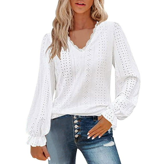 Womens T Shirts Long Sleeve Ladies Tops Fall Lace V Neck Puff Eyelet Blouses Casual White S