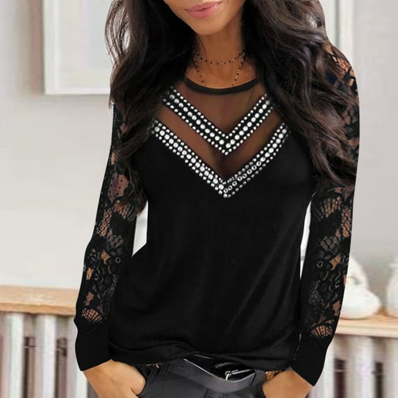 Womens T Shirts Long Sleeve Ladies Tops Fall Longe Sleeve Lace Sequins V-Neck Elegant Cute Tee Shirts Black L