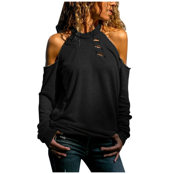 Womens T Shirts Long Sleeve Ladies Tops Fall Off Shoulder Soild Print Hollow Out Blouses Casual Black XL