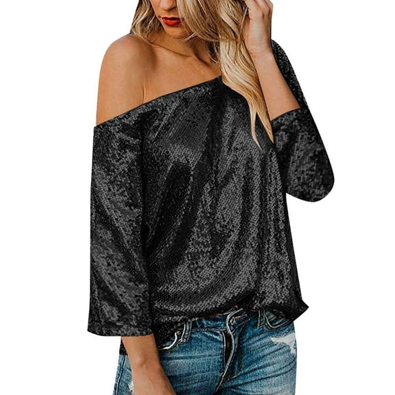 Womens T Shirts Long Sleeve Ladies Tops Fall Sequin V Neck Slouchy Tank Glittering Bling Bling Blouses Casual Black L