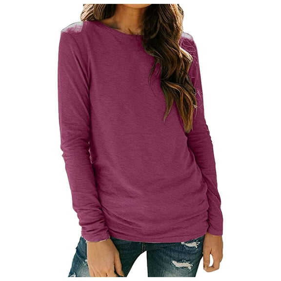 Womens T Shirts Long Sleeve Ladies Tops Fall Solid Color Crewneck Blouses Business Casual Purple XL