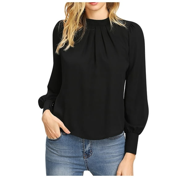 Womens T Shirts Long Sleeve Ladies Tops Fall Stand Collar Chest Pleated Paraque Blouses Business Casual Black L
