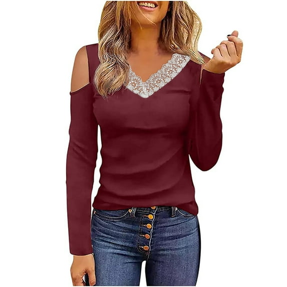 Womens T Shirts Long Sleeve Ladies Tops Fall V-Neck Lace Printed Off-The-Shoulder Sexy Loose Work Blouses Dressy Casual Wine S