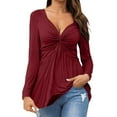 thumbnail image 1 of Womens T Shirts Long Sleeve Ladies Tops Fall V Neck Solid Loose Side Split Blouses Business Casual Red 2XL, 1 of 5