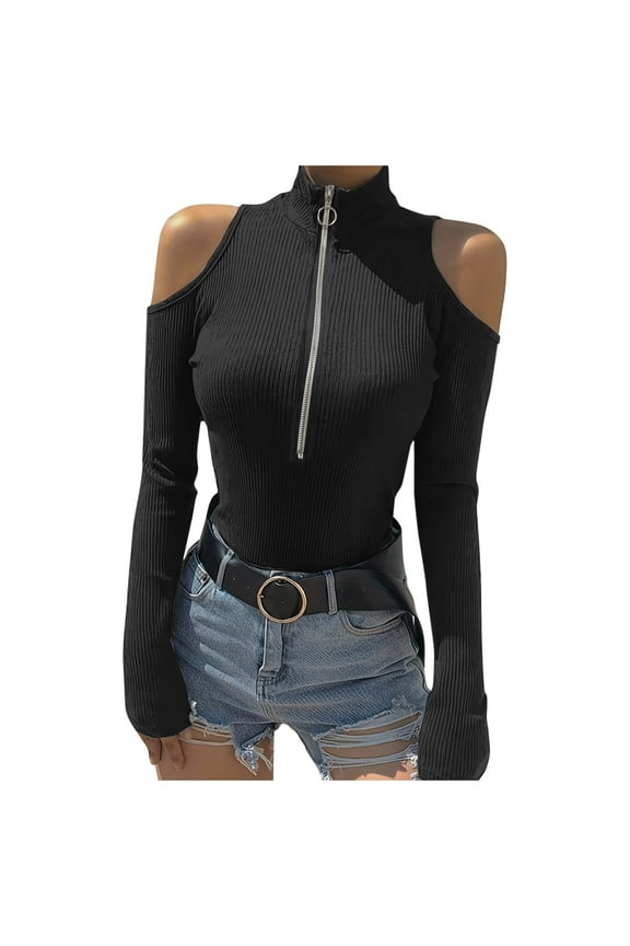 Womens T Shirts Long Sleeve Neck Cutout Shoulder Bodysuit Turtleneck Top Black L