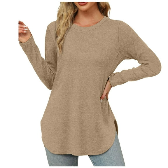 Womens T-Shirts Long Sleeve Round Neck Shirts Side Split Basic Loose Tunic Tops Casual