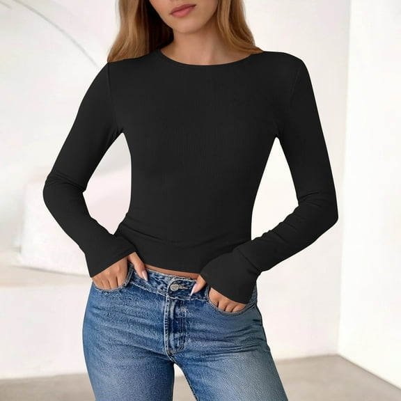 Womens T Shirts Long Sleeve Slim Fit Fall Shirts for Women Bodycon Night Out Essential Stretch Soft Comfort Daily Blouse