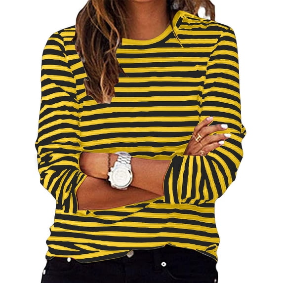 Womens T Shirts Long Sleeve Striped Color Block Print Top Round Neck Regular Fitted Tees Basic Tees for Women Yellow XXL