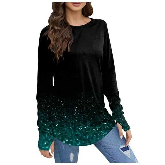 Womens T Shirts Long Sleeve Top Round Neck Basic Fashion Printed Tshir Thumbhole Tunic Tshirts