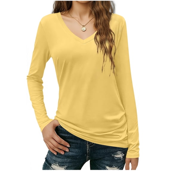Womens T Shirts Long Sleeve V Neck Basic Tee Casual Loose Fit Soft Comfy Solid Color Tunic Tops Pullover Shirts (XL, Yellow)