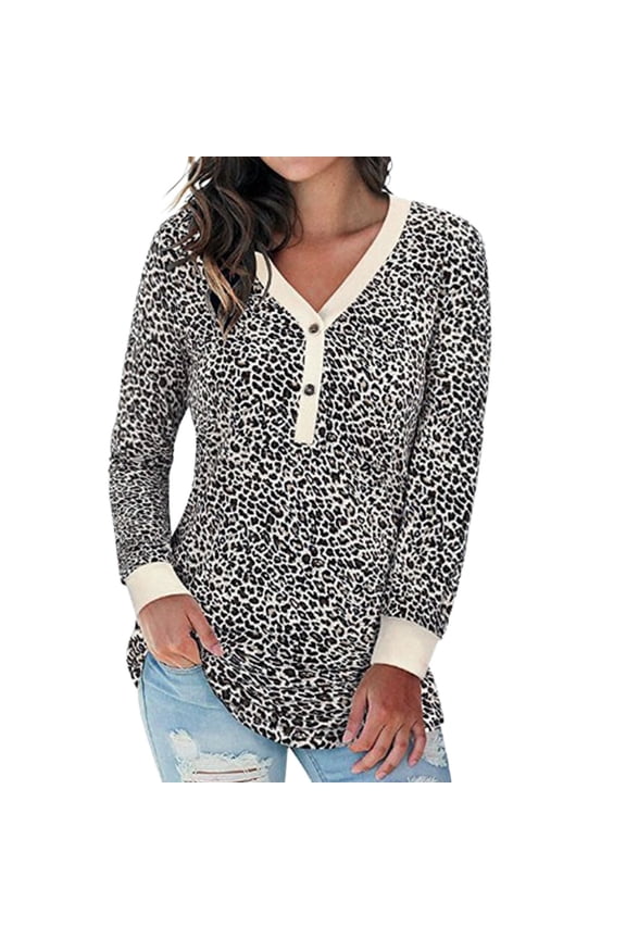 Womens T Shirts Long Sleeve V Neck Button Henley Camo Leopard Print Loose Tunic Blouse Beige XXL