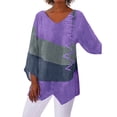 thumbnail image 1 of Womens T Shirts Long Sleeve V Neck Color Block Blouse with Loose Collar and Asymmetric Hem Dark Purple XXXL, 1 of 4