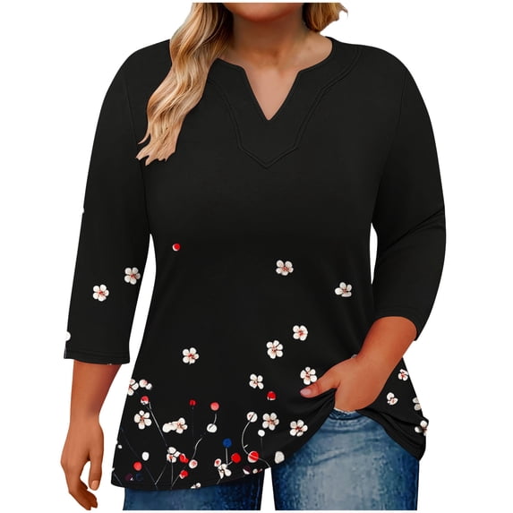 Womens T Shirts Loose Fit 3/4 Length Sleeve Tees Gradient Large V-neck Three Quarter Sleeve Solid Color Business Casual Outfits Blouses Clothes (Size:L-5XL)