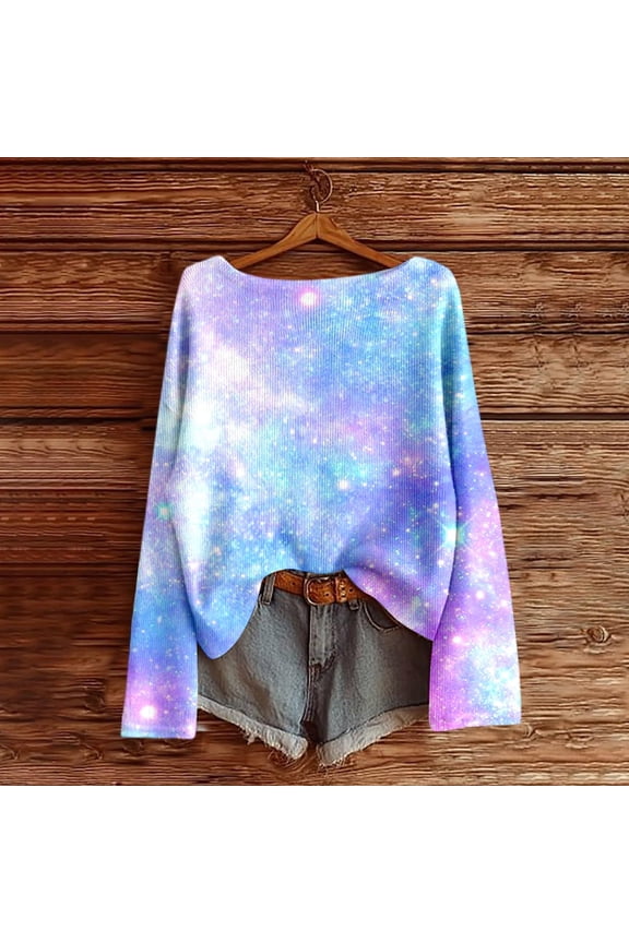 Womens T Shirts Loose Fit Fashion Galaxy Starry Knitted Ribbed Long Sleeve Elegant Casual Crewneck Shirts Soft Stretchy Blouse Casual Tee Tops