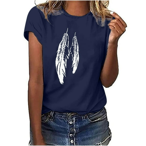 Womens T Shirts Loose Fit Summer Casual Round Neck Graphic Feather Print Tee Tshirts Short Sleeve Tops Blouses (Small, Navy)