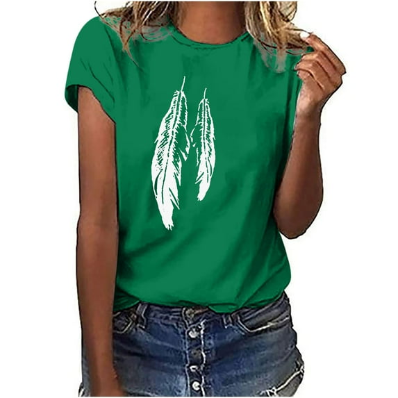 Womens T Shirts Loose Fit Summer Casual Round Neck Graphic Feather Print Tee Tshirts Short Sleeve Tops Blouses (XX-Large, Green 01)