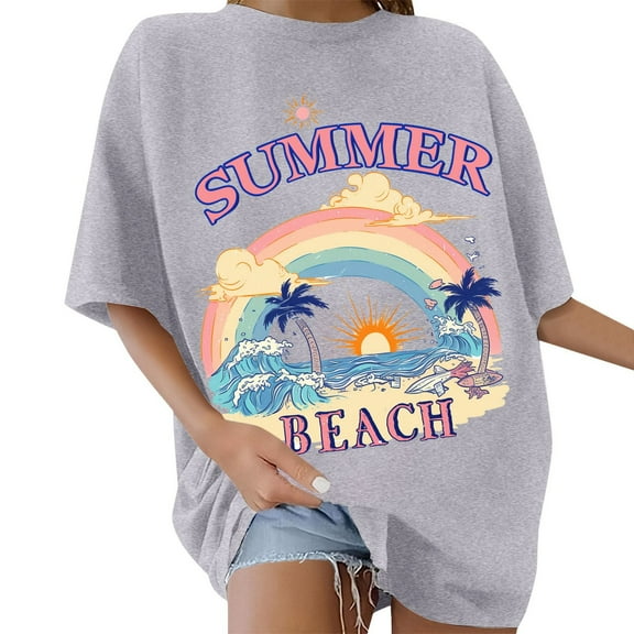 Womens T Shirts Loose Fit Summer Tops Casual Crew Neck Oversize Short Sleeve Style Women's T-Shirts Graphic Tees Grey L