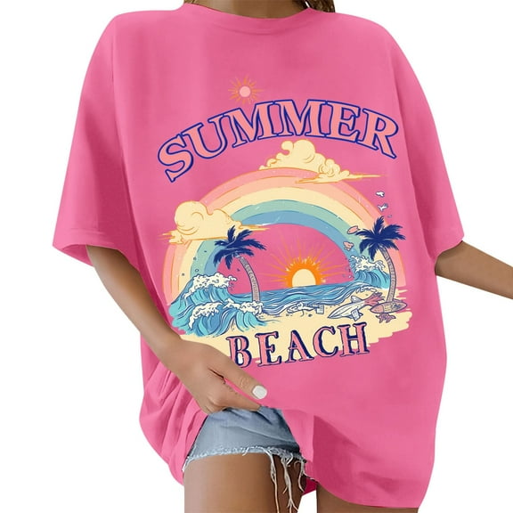 Womens T Shirts Loose Fit Summer Tops Casual Crew Neck Oversize Short Sleeve Style Women's T-Shirts Graphic Tees Hot Pink S