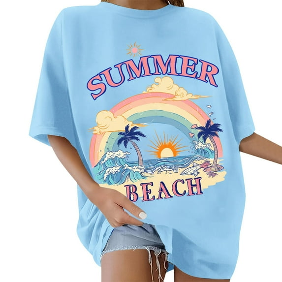 Womens T Shirts Loose Fit Summer Tops Casual Crew Neck Oversize Short Sleeve Style Women's T-Shirts Graphic Tees Sky Blue XXL