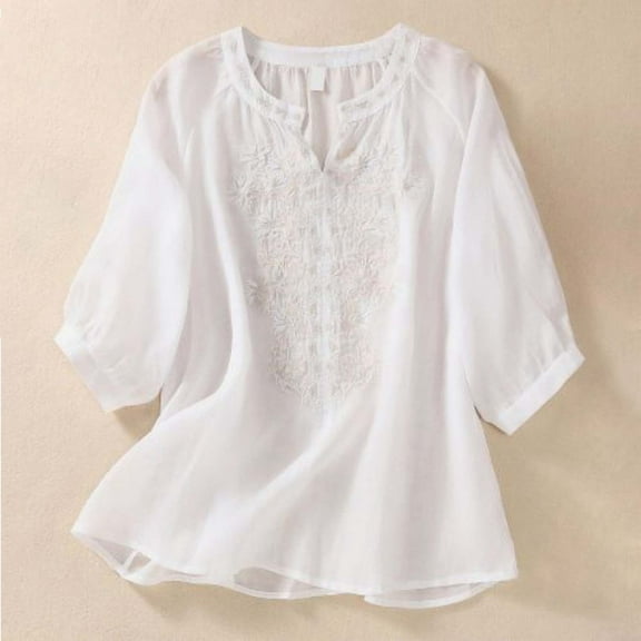 Womens T Shirts Loose Fit Vintage Linen Cotton Embroidered Shirt V Neck Simplicity Solid Color ¾ Sleeve Tshirts Top
