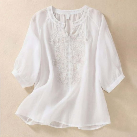 Womens T Shirts Loose Fit Vintage Linen Cotton Embroidered Shirt V Neck Simplicity Solid Color ¾ Sleeve Tshirts Top