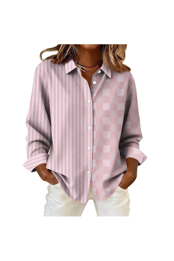 Womens T-Shirts Mixed Print Button Down Vertical Stripe and Checkerboard Pattern Long Sleeve Blouse