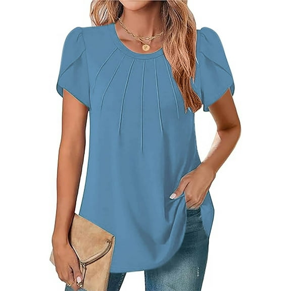 Womens T Shirts Ndbuld Womens Tops Ruffle Short Sleeve Blouses Casual Scoop Neck Shirts Tunic Top Blue S