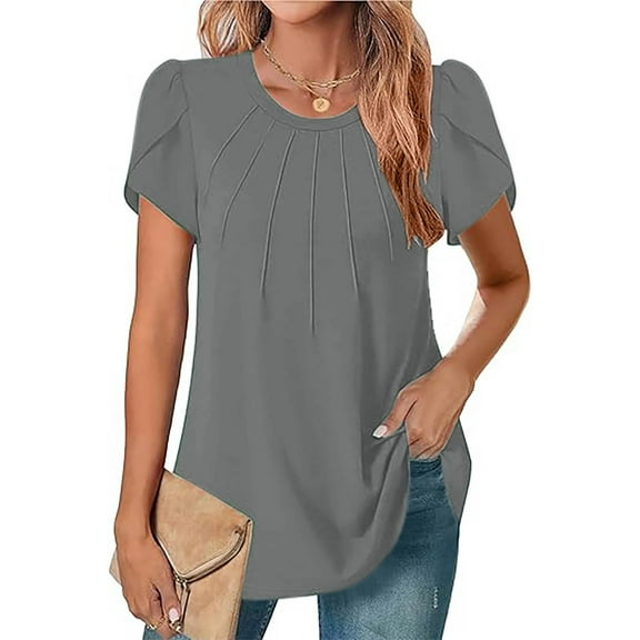 Womens T Shirts Ndbuld Womens Tops Ruffle Short Sleeve Blouses Casual Scoop Neck Shirts Tunic Top Gray S