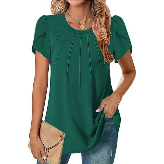 Womens T Shirts Ndbuld Womens Tops Ruffle Short Sleeve Blouses Casual Scoop Neck Shirts Tunic Top Green XL
