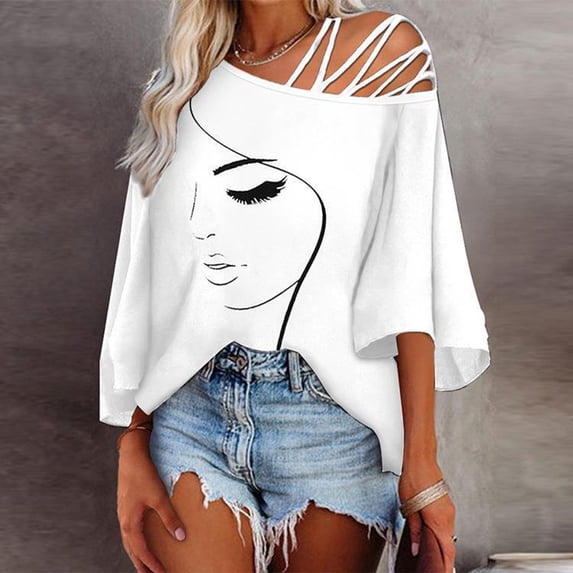 Womens T Shirts Off Shoulder Crew Neck Short Sleeve Loose Fit Stylish Print Breathable Tops for Everyday Wear Women Graphic Tees White XXXXXL
