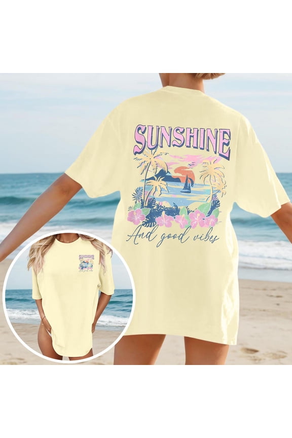 Womens T Shirts Oversized Coconut Tree Print Round Neck Short Sleeve Top for Summer Casual Wear Summer Graphic Tees for Women Beige L