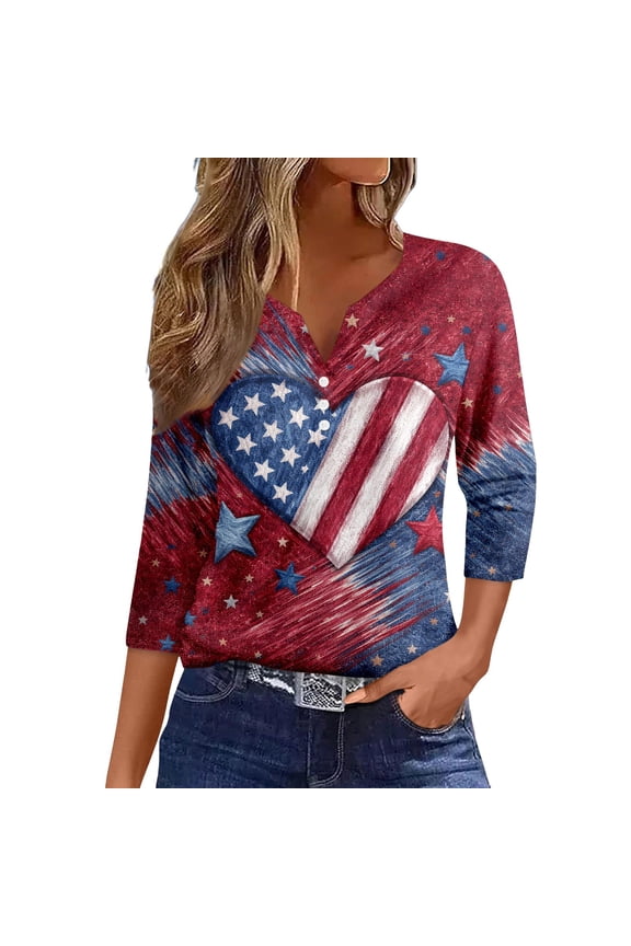 Womens T Shirts Plus Size Stars and Stripes 250th Anniversary USA Print Split Neck 3/4 Sleeve Oversized Tunic Summer Casual Soft Red L