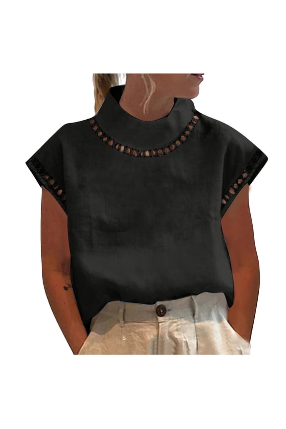 Womens T-Shirts Sevevn Womens Spring And Summer Solid Cut Out Top Casual High Neck Linen Lace Breathable T-Shirt Summer Shirts For Women