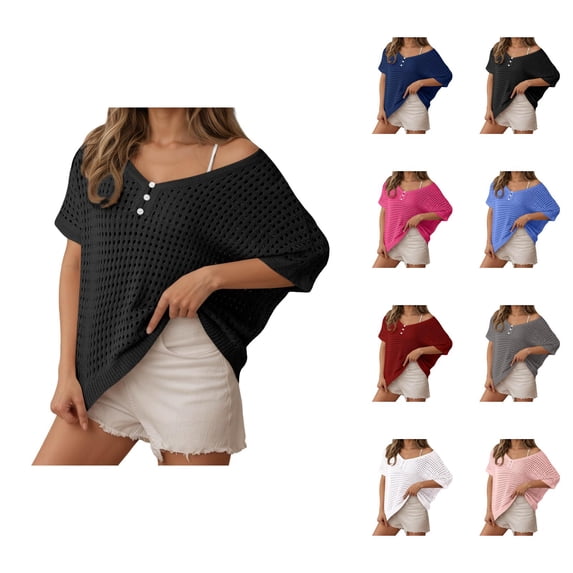 Womens T-Shirts Sexy Hollow Out Short Sleeve Summer Casual Knit Top Beach Cover Ups Blouse Crew Neck Solid Color Tee Vacation Outfits Fashion Clothing Women Clothes