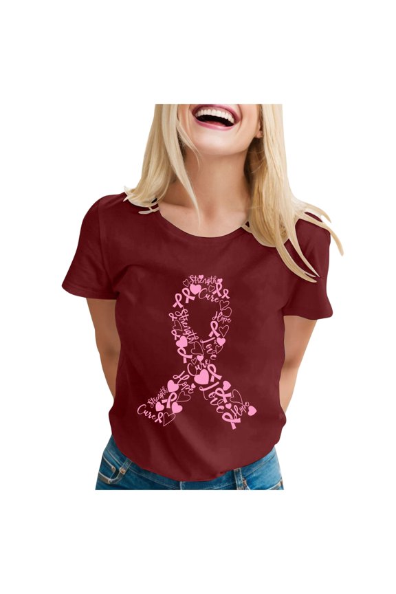 Womens T Shirts Short Sleeve Breast Cancer Awareness Month Print International Top Blouse Brick Red L