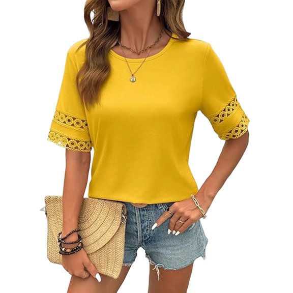 Womens T Shirts Short Sleeve Crew Neck Shirt Hollow Out Tee Blouses Summer Tops for Women 2026 Yellow S