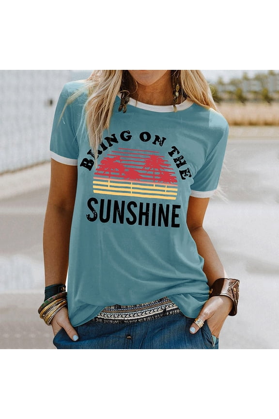 Womens T Shirts Short Sleeve Crewneck Alphabet Print Fun Casual Tee Breathable Summer Top Blue XXL