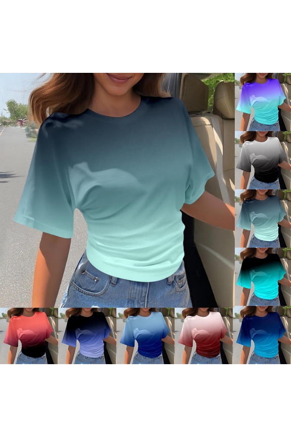 Womens T Shirts Short Sleeve Crewneck Gradient Color T-shirt Summer New Arrival Pullover Simple Versatile Tops Green XXXXL