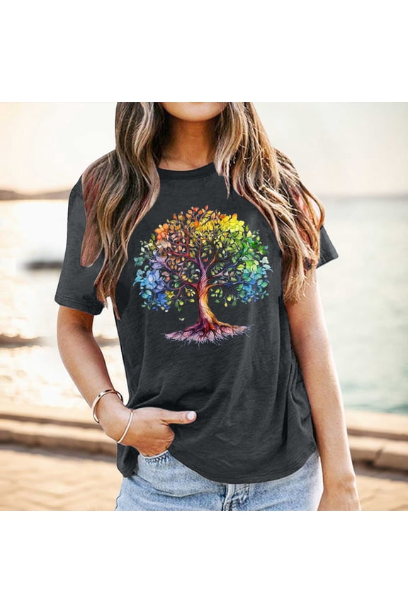 Womens T Shirts Short Sleeve Crewneck Tree Print Graphic Tee Summer Casual Soft Comfortable Breathable Daily Wear Tops Grey S